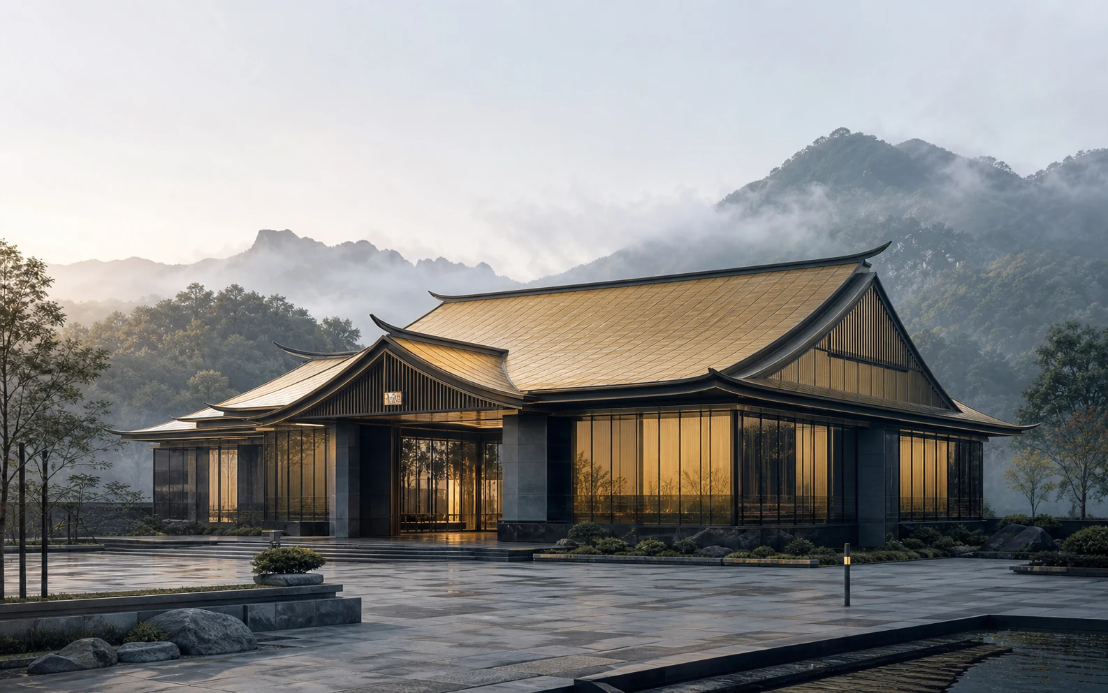 山水环境中融合金色光伏屋面与幕墙的当代中式游客中心