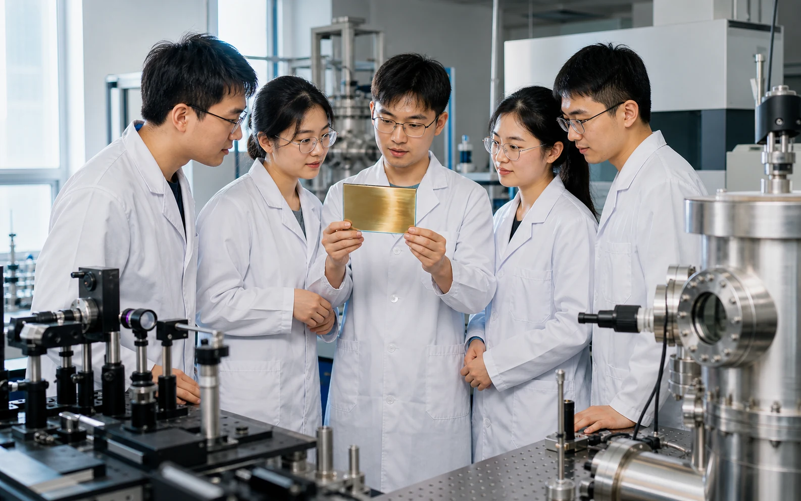 青年科研团队在薄膜实验室共同观察金色镀膜样片